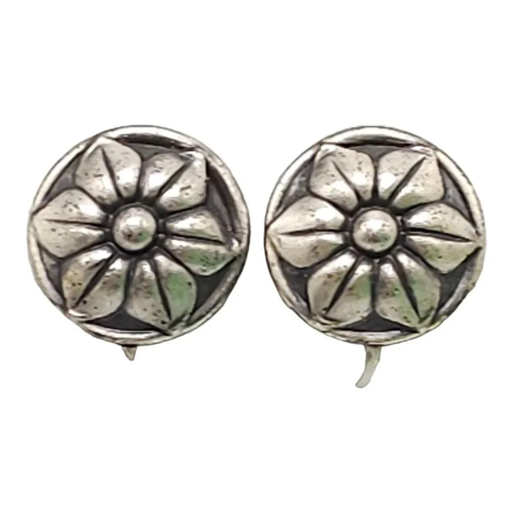 Sterling Silver Floral Design Engraved Boho Earrings Spring Ring Closure Vintage